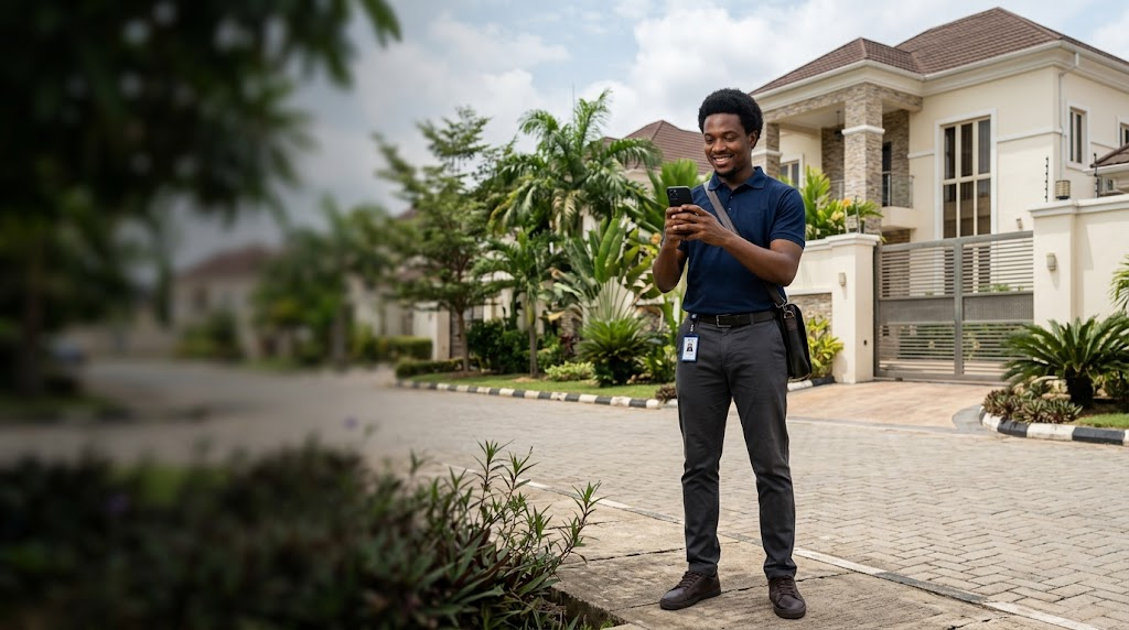 Ferify field agent checking his phone during a verification visit in a gated residential estate
